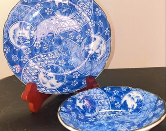 Vintage Japanese Blue and White Porcelain Plate and Bowl Set
