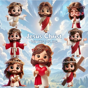 May include: A collection of cartoon-style illustrations of Jesus Christ, each depicted with a crown of thorns and wearing a white robe and red sash. Some figures hold a cross or a heart. The background is a sky with clouds and the text "Jesus Christ".
