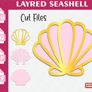 May include: Digital cut files featuring a layered seashell design. The image shows a large pink and gold seashell, along with smaller variations. File formats include PNG, SVG, PDF, and DXF. The text "LAYRED SEASHELL" and "Cut Files" are also visible.