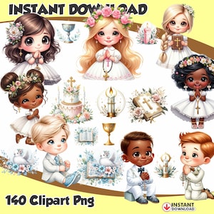 Pode incluir: Conjunto de cliparts digitais com ilustrações de crianças em vestidos e fatos brancos, adornados com coroas de flores e cruzes. Inclui imagens de um bolo, uma bíblia, um cálice e pombas. O texto diz "INSTANT DOWNLOAD" e "140 Clipart Png".