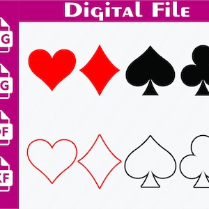 Könnte beinhalten: Digitale Datei mit Spielkartenfarben: Herz, Karo, Pik und Kreuz. Das Bild enthält rote Herzen und Karos sowie schwarze Pik und Kreuz. Umrisse der gleichen Farben sind ebenfalls dargestellt.