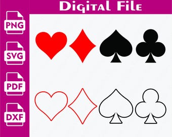May include: Digital file featuring playing card suits: hearts, diamonds, spades, and clubs. The image includes solid red hearts and diamonds, and black spades and clubs. Below, outlines of the same suits are shown in red and black.