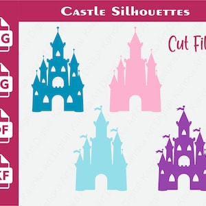 May include: Four castle silhouettes in blue, pink, light blue, and purple. The image includes file type icons for PNG, SVG, PDF, and DXF. Text at the top reads "Castle Silhouettes" and "Cut Files".