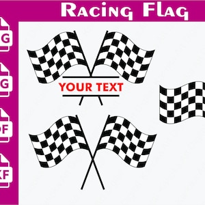 May include: A collection of black and white chequered racing flags in different arrangements. The image features flags on poles, crossed flags, and a design with the text "YOUR TEXT". File type icons for PNG, SVG, PDF, and DXF are also included.