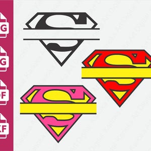 Puede incluir: Archivos de diseño digital con un logotipo estilo Superman en negro, rojo y amarillo, y rosa y amarillo. Disponibles en formatos PNG, SVG, PDF y DXF. El logotipo tiene forma de diamante con una barra horizontal.