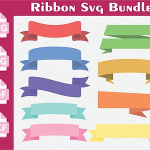 Pode incluir: Uma coleção de designs de fitas coloridas em várias formas e tamanhos. A imagem inclui fitas vermelhas, verdes, azuis, roxas, amarelas, laranjas e rosas. O texto "Ribbon Svg Bundle" está no topo, com ícones de tipo de arquivo para PNG, SVG, PDF e DXF.