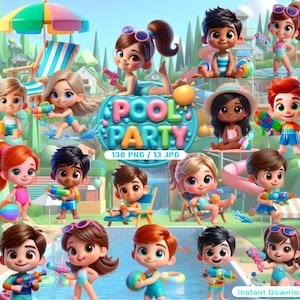 Pode incluir: Uma ilustração digital vibrante com crianças de desenhos animados desfrutando de uma festa na piscina. A imagem inclui crianças com pistolas de água, bolas de praia e trajes de banho. As palavras "Pool Party" são exibidas em texto colorido, junto com "130 PNG / 13 JPG" e "Instant Download".