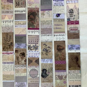 May include: A selection of vintage-style bookmarks with a collage aesthetic. Each bookmark has a unique design with faded colours, including sepia tones, lavender, and cream. The designs incorporate floral motifs, sheet music, and antique ephemera.