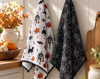 Halloween Kitchen Towels Set of 2, Waffle Microfiber Tea Towels, Spooky Fall Kitchen Decor