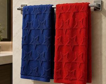 Juego de 2 toallas de mano para el 4 de julio, toallas de baño patrióticas, toallas de baño de algodón, decoración para el hogar con estrellas rojas y azules.