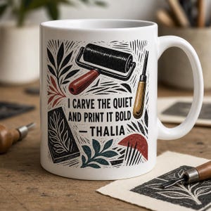 May include: A white ceramic mug featuring a black, red, and teal linocut-style illustration of a brayer and carving tool. The text reads: I CARVE THE QUIET AND PRINT IT BOLD — THALIA. The design includes stylized leaf patterns and geometric shapes.