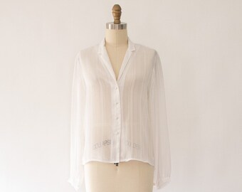 80s Sheer Jacquard Stripe Sheer Blouse, Vintage Dead-Stock Classic Button-Up Shirt (XS-S)