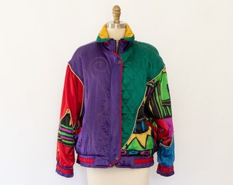 80s Patch-Print Quilted Bomber Jacket, Vintage Bright Abstract Jacket (XS-M)