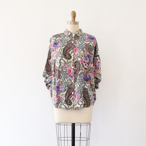 80s Paisley Floral Blouse, Vintage Cottagecore Oversized Button Down Top (XS-M)