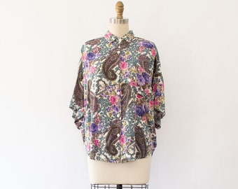 80s Paisley Floral Blouse, Vintage Cottagecore Oversized Button Down Top (XS-M)