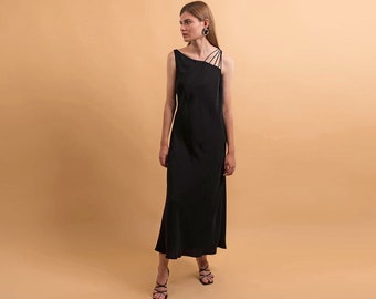 One Shoulder Dress / Asymmetrical Shoulder Dress / Vintage 90s Dress / Minimal 90s Dress / Black Dress / Maxi Dress Δ size: L