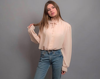 Vintage Sheer Poet Blouse / Boho Blouse / Romantic Blouse / Ruffle Blouse / Ascot Blouse Δ size: M/L