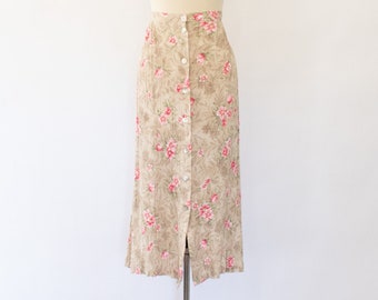 90s Crinkled Floral Skirt, Vintage Midi Floral Skirt (L-XL)