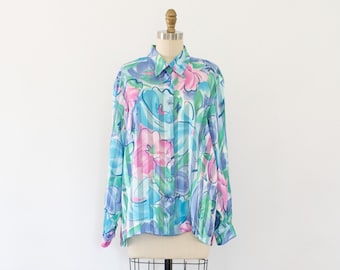 Vintage 80s Floral Jacquard Blouse, Sheer Striped Floral Top size XS/S/M