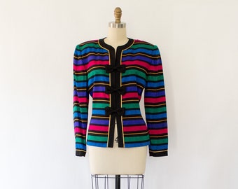 Gestreepte zijden blazertop uit de jaren 80, vintage klassieke statement blazer (m-l)