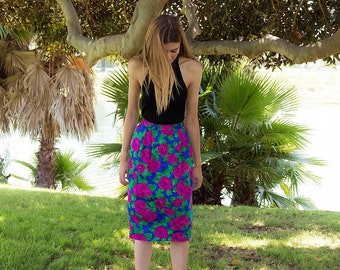 Floral Silk Skirt /  High-Waisted Skirt / Floral Skirt / Vintage 80s Skirt / Knee Length Skirt / Silk Skirt / 80s Skirt Δ size: S/M