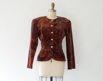 80s Bold Shoulder Peplum Blazer, Vintage Cotton Paisley Blazer (M-L)