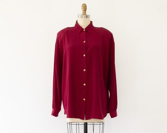 90s Minimal Oversized Burgundy Blouse, Vintage Silky Blouse (S-L)