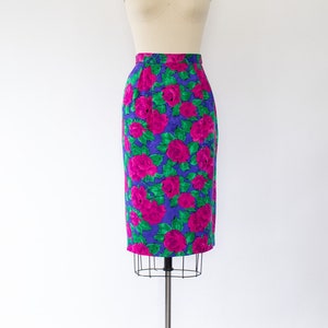 80s Bright Floral Silk Skirt, Vintage High-Waisted Floral Skirt (M)
