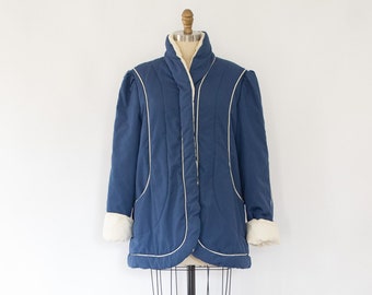 80s Plush-Puffer Jacket, Vintage Navy White Winter Jacket (XS-M)