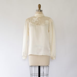 80s Floral Lace Satin Blouse, Embroidered Floral Blouse (XS-S)