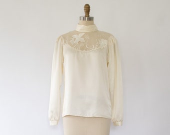 80s Floral Lace Satin Blouse, Embroidered Floral Blouse (XS-S)