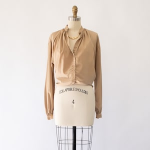 70s Swiss Dot Jacquard Blouse, Vintage Silky Taupe Boho Top (XS-S)