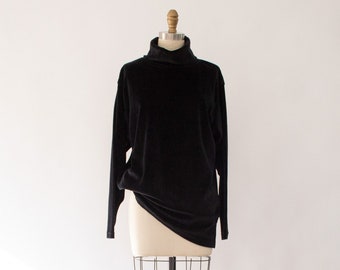 90s Black Velvet Top, Vintage Black Turtleneck size XS/S