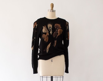 Suéter metálico vintage, suéter floral de pedrería de los años 80 talla S/M