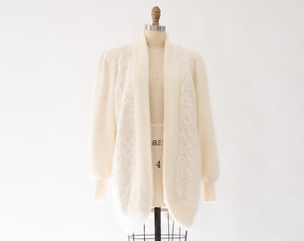 Vintage 80s Mohair Rabbit Coat, Oversized Floral Beaded Cardigan size XS/S/M