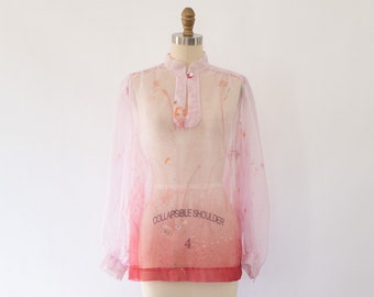 70er Jahre Geblümte Organza Bluse, Vintage Baby Doll Boho Blumen Top (XS-S)