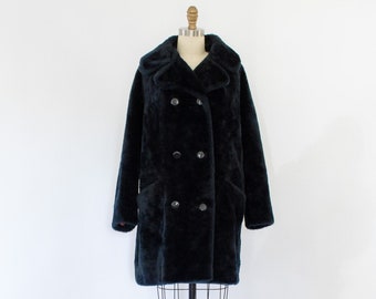 60s Mod Faux Fur Coat, Black Faux Fur Teddy Coat (S-L)