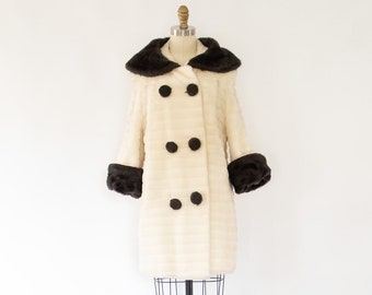 60s Mod Faux Fur Coat, Vintage Double-Breasted Boucle Coat (XS-S)