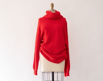 80s Nubby Red Sweater, Cowl Neck Sweater size S/M/L