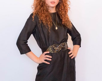 Vintage 60s Black Silk Sheath Dress size M