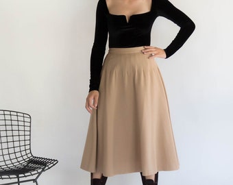 50s Khaki High-Waisted Full Wool Skirt size S