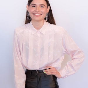 80s Blush Pink Floral Jacquard Silky Blouse fits sizes S/M/L