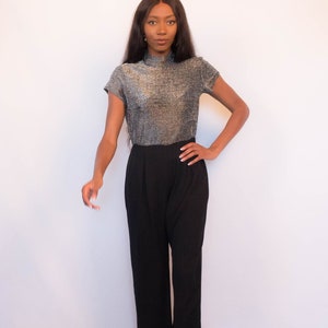 Vintage 70s Metallic-Silver Disco Jumpsuit Wide-Leg Pantsuit size M/L