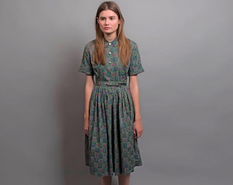 Vintage 50s Shirt Dress / Floral Summer Dress / Full Skirt Dress / 1950s Cotton Dress Δ size: S