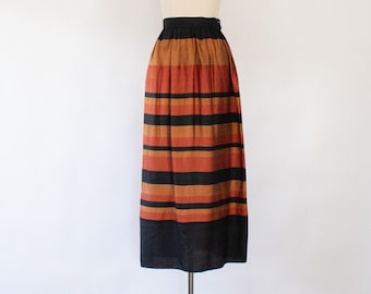 60s Metallic Raw-Silk Maxi Skirt, Vintage High-Waisted Striped Full Skirt (M)