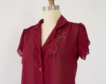 Vintage 80s Floral Embroidered Blouse, Sheer Burgundy Top size XS/S