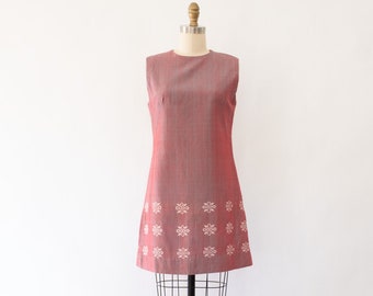 60s Mexican Inspired Floral Embroidered Dress, Vintage Raw Silk Iridescent Micro Mini Dress (S-M)