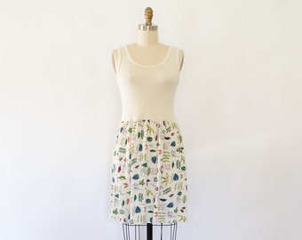 Vintage Botanical Ecru Cotton Dress, 80s CottageCore Tank Dress (S-M)