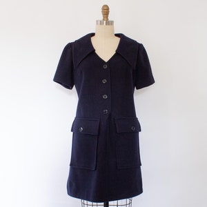 60s Mod Scooter Dress, Vintage Navy Blue Wool Mini Dress (M)