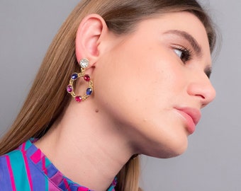 Statement RHINESTONE Earrings. Multi-Color Earrings. Oversized Rhinestone Earrings. 80s Vintage Earrings. Geometric Rhinestone Earrings